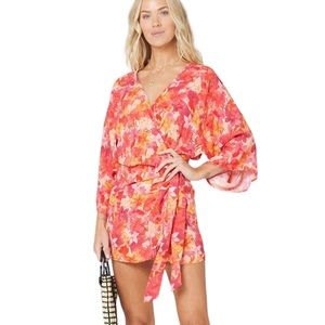 L*Space Pfeiffer Pink Orange Floral Wrap Mini Dress in Into the Tropics Print S